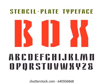 Narrow stencil-plate sanserif font in military style. Isolated on white background
