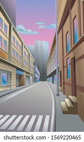 Narrow street in the big city on the background of skyscrapers, vector illustration