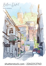 Narrow street leading to Betlemi district in Tbilisi, Georgia. Urban life sketch for a Postcard or Travel Blog. Line drawing painted and isolated on white background. EPS10 vector illustration