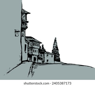 Narrow street of the old city. Vector drawing