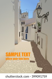  Narrow street in the old town of Spain on a hot summer day. Vector illustration.