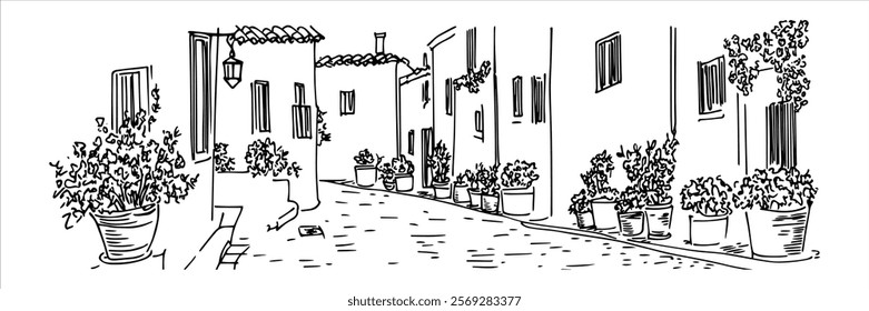 narrow street with potted plants and traditional houses hand drawn doodle sketch