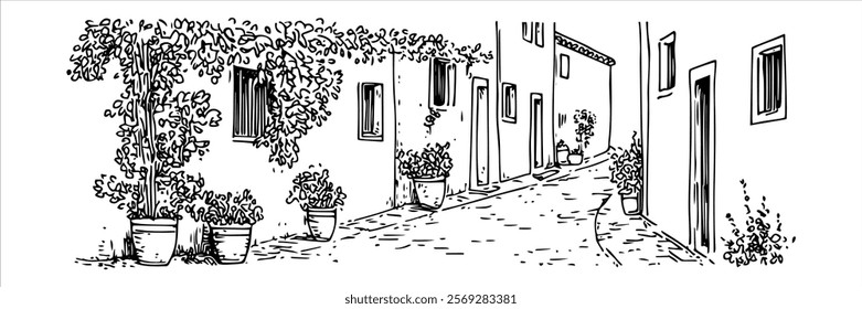 narrow street with potted plants and traditional houses hand drawn doodle sketch