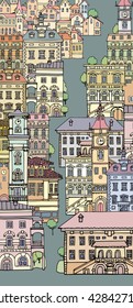 The narrow streets of European cities. Different color and shape old houses. Facades of variegated buildings.Set of vintage facades.Sketch, hand drawn,cartoon style