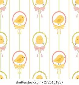 Estampado de pollito de rayas estrechas, estampado de vivero dulce. Fondo de la raya del pájaro pequeño, diseño inconsútil de la tela. Patrón de viñeta de pollito pequeño para artículos para bebés