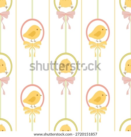 Narrow Stripe Chick Pattern, Sweet Nursery Print. Petite Bird Stripe background, Seamless Fabric Design. Tiny Chick Vignette Pattern for Baby Goods