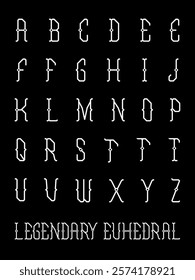 An narrow stylized uppercase alphabet set with median spurs and an angled semi serif.