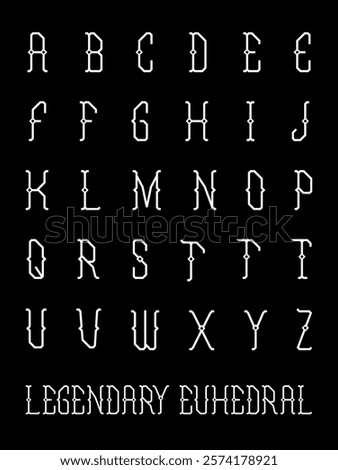 An narrow stylized uppercase alphabet set with median spurs and an angled semi serif.