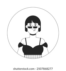 Schmale Sonnenbrille koreanische Frau im Sommerkleid schwarz-weiß 2D Vektor Avatar Illustration. Stylische weibliche Bobhaar Umriss Cartoon Charakter Gesicht einzeln. Gelegentlich flaches Benutzerprofil-Bildportrait