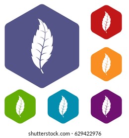Narrow toothed leaf icons set hexagon isolated vector illustration