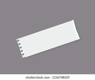Narrow torn out notebook paper piece angled, shadow, flat style, vector illustration isolated on gray background. Empty piece of page with ragged edge, realistic blank sheet