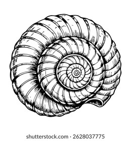 narrow twisted sea snail shell, clean blue outline isolated on white background