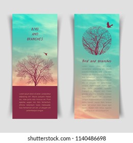 Narrow vertical banner with crows and tree branches. Template for postcard, poster or advertisement