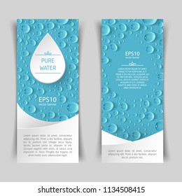 A narrow vertical vector banner with transparent realistic drops in the background, a frame for the logo in the form of a droplet in the center and a place for text. Flyer design elements.