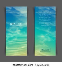 Narrow vertical vector banners with realistic turquoise-yellow sky and spindrift clouds. The image can be used to design a flyer and postcard.