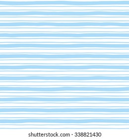 Narrow and wide hand drawn stripes seamless vector pattern. Light blue and white striped background. Slightly wavy uneven streaks. Bars of different width texture.