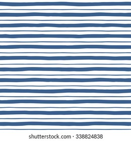 Narrow and wide hand drawn stripes seamless vector pattern. Navy blue and white striped background. Slightly wavy uneven streaks. Bars of different width texture.