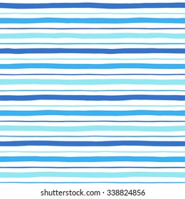 Narrow and wide hand drawn stripes seamless vector pattern. Shades of blue and white striped background. Slightly wavy uneven streaks. Bars of different width texture.