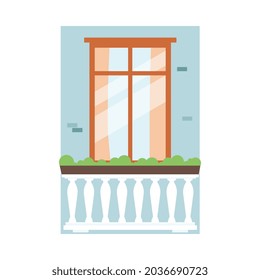 Espléndida ventana sobre una pared de ladrillo con plantas en un balaustrado con columnas blancas clásicas - parte aislada de la arquitectura de la construcción sin nadie dentro. Ilustración vectorial plana.