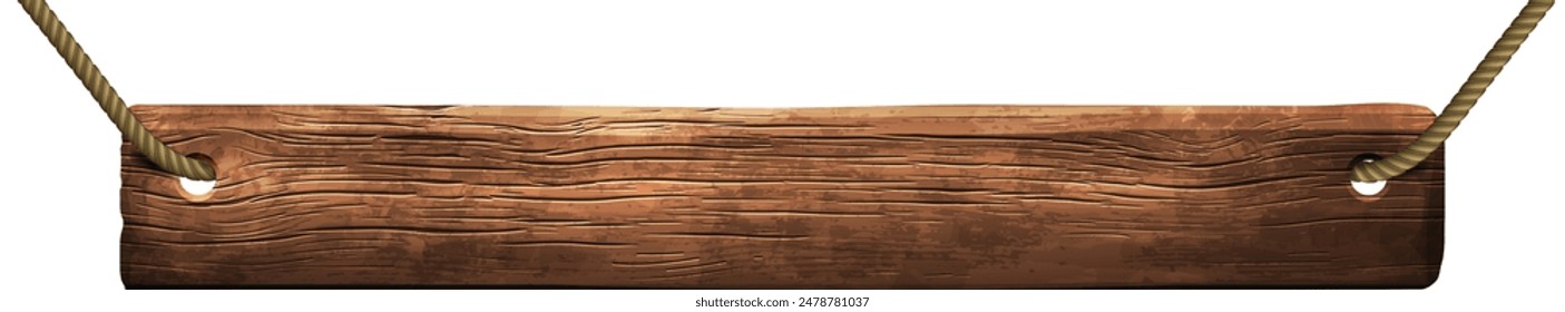 A narrow wooden board hangs on ropes. White background. Realistic illustration.