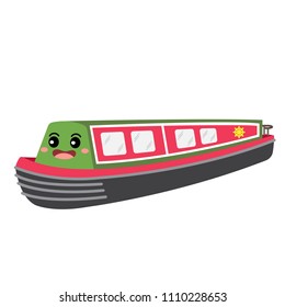 Narrowboat transportation cartoon character perspective view isolated on white background vector illustration.