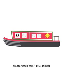 Narrowboat transportation cartoon character side view isolated on white background vector illustration.