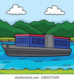 Narrowboat Vehicle Colored Cartoon Illustration