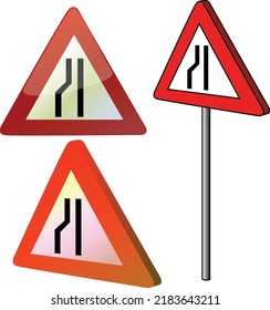 Narrowing road on the left side warning triangle red sign volumized flat shiny isolated vector