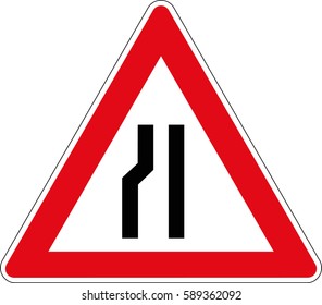 Narrowing the roadway on the one hand, on the left. Vector road sign Germany.