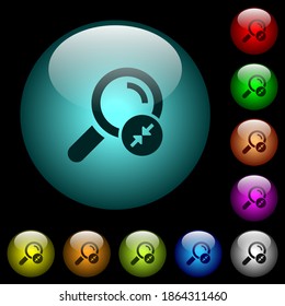 Narrowing search results icons in color illuminated spherical glass buttons on black background. Can be used to black or dark templates