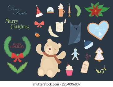 Narrowly focused Christmas theme for the new year and holidays. Big design set of vector themed art for stickers, web, decor, print, advertising, people.