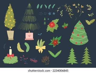 Narrowly focused Christmas theme for the new year and holidays. Big design set of vector themed art for stickers, web, decor, print, advertising, people.