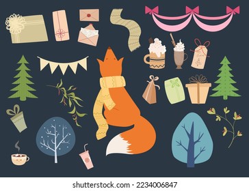 Narrowly focused Christmas theme for the new year and holidays. Big design set of vector themed art for stickers, web, decor, print, advertising, people.