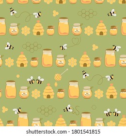Nartural honey jar background. Sweet honey on green seamless pattern Bees, beehive, honeycomb. Vector