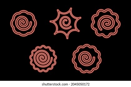 Narutomaki or kamaboko surimi icons set red neon color in black. Traditional Japanese naruto steamed fish cake with pink swirl in the center. Topping for ramen noodle soup isolated illustration.