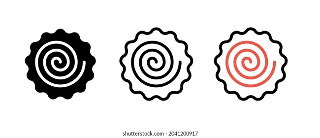 Narutomaki or kamaboko surimi vector icons set in outline and filled style. Traditional Japanese naruto steamed fish cake with pink swirl in the center. Topping for ramen noodle soup isolated. svg