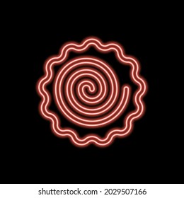 Narutomaki or kamaboko surimi vector outline icon neon color in black. Traditional Japanese naruto steamed fish cake with pink swirl in the center. Topping for ramen noodle soup isolated illustration. svg