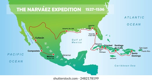 The Narvaez Expedition map. Vector education illustration