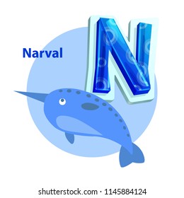 Narval marine creature for N letter children alphabet pastel color poster. Vector sea unicorn fish for right spelling and reading english consonant.