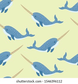 Narwal animals seamless pattern on green background . Concept for print, web esign, cards, textile 