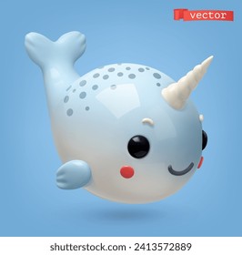 Narwhal, 3d render vector cartoon icon