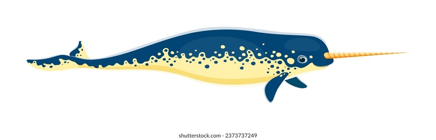 Narwhal animal character. Isolated cartoon vector unicorn of the sea. Fascinating marine mammal with long, spiral tusk. Found in arctic waters, it possesses a sleek body and bluish-gray coloration