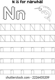 Narwhal Animal Tracing Letter ABC Coloring Page N