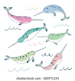 narwhal animal vector color set