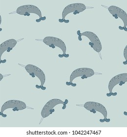 narwhal animal vector seamless doodle pattern