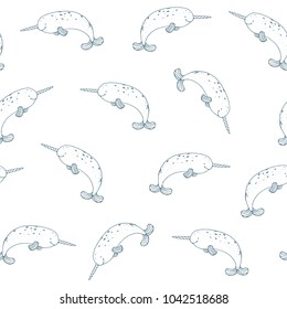 narwhal animal vector seamless doodle pattern