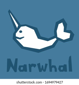 Narwhal animal vector silhouette illustration on blue. Brutal modern style. Text - funny lettering. Interactive card for learning English alphabet. White icon, thick outline. Stencil cut lines, DIY