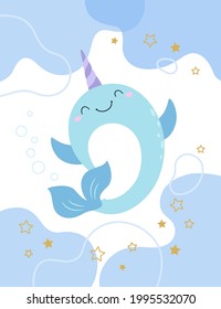 The narwhal body is upright, the tail is swinging, the front fins are open, and the background is an abstract irregular figure