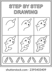 Narwhal. Book page, drawing step by step. Black and white vector coloring page.