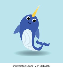 Narwhal cartoon flat style. vector illustration.Baby whale with blue background.Alphabet animal concept 